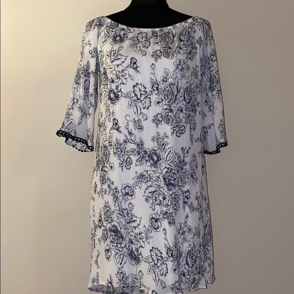 Off the Shoulder Blue and White Floral Dress